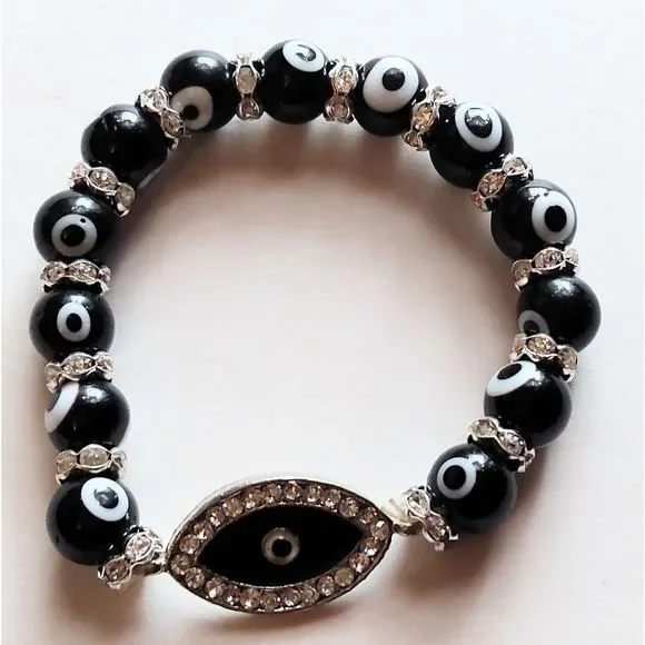 Crystal & Black Beaded Evil Eye Sliver Plated Bracelet - Picture 2 of 7